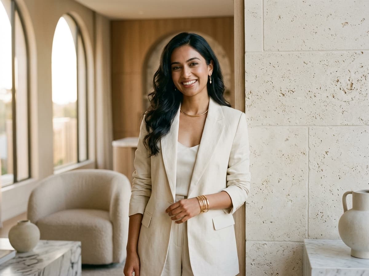 AAURIKAA lifestyle: woman wearing refined gold jewellery in soft warm light